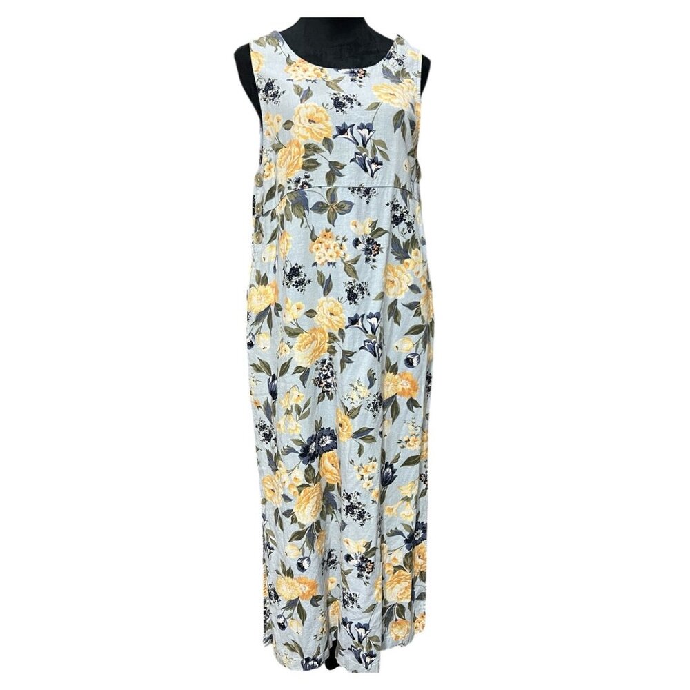 Vintage Y2K Floral Linen Blend Jumper‎ Dress S Sleeveless Long Cottagecore Boho